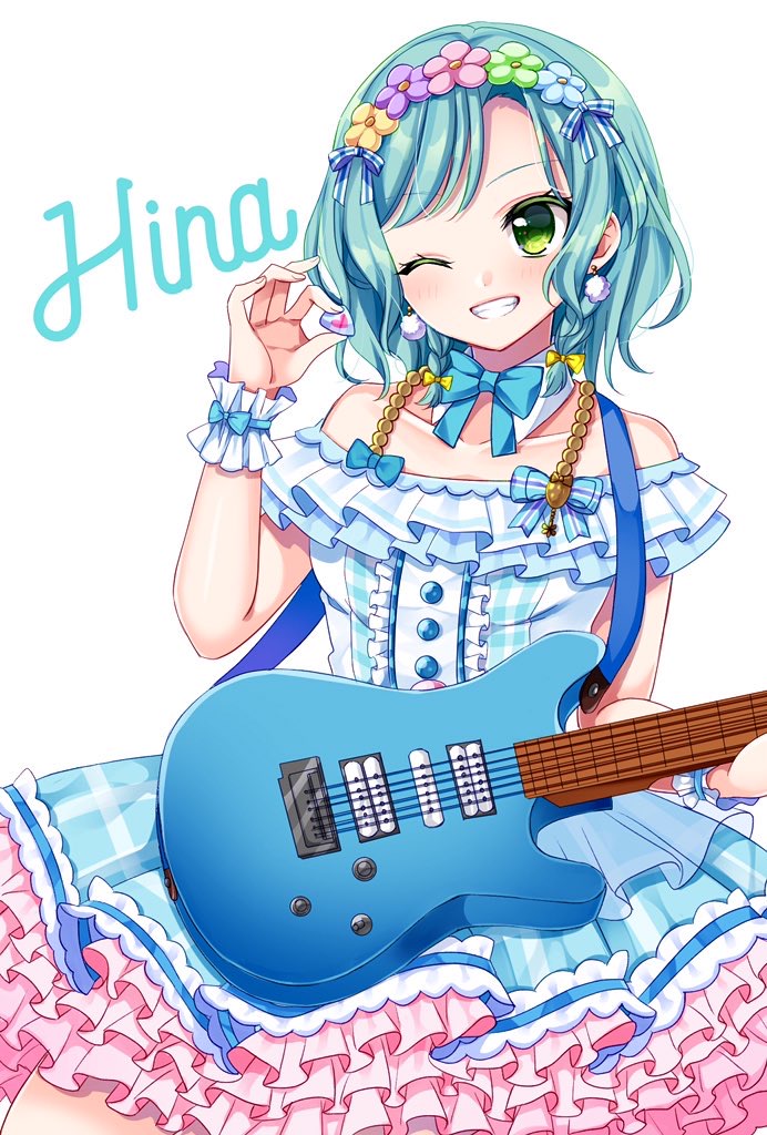 1girl ;) aqua_hair bang_dream! blue_dress blue_flower blue_neckwear blush bow bowtie center_frills character_name collarbone detached_collar dress earrings electric_guitar flower frilled_cuffs frilled_dress frills green_eyes green_flower grin guitar hair_bow hair_flower hair_ornament hair_ribbon hikawa_hina holding_plectrum instrument jewelry mio_(melchi) one_eye_closed pink_flower plectrum pom_pom_earrings purple_flower ribbon short_hair side_braids simple_background smile solo striped striped_ribbon white_background wrist_cuffs yellow_bow yellow_flower