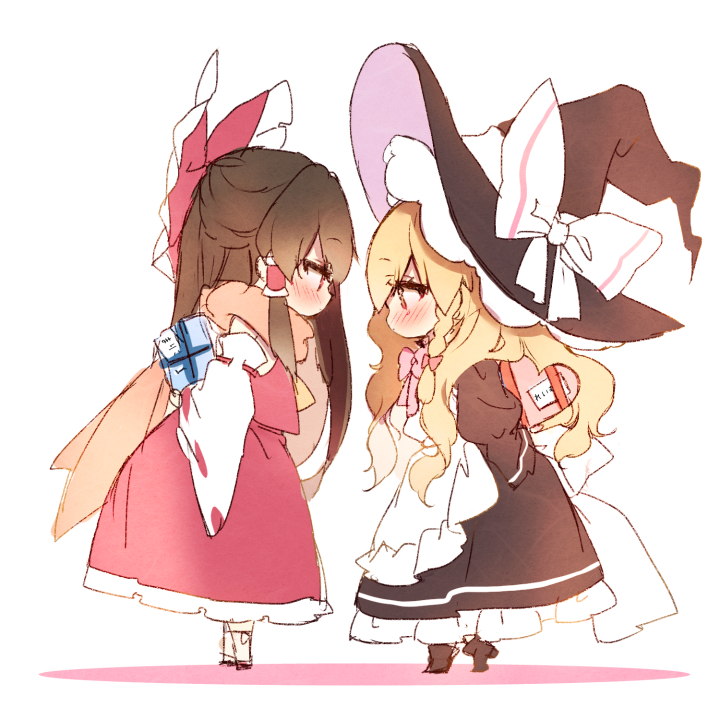 2girls apron arms_behind_back bangs black_dress black_footwear black_headwear blush boots bow bowtie box braid brown_hair commentary detached_sleeves dress eye_contact eyebrows_visible_through_hair frilled_apron frills from_side full_body hair_bow hair_tubes hakurei_reimu hat hat_bow heart-shaped_box holding holding_box juliet_sleeves kirisame_marisa long_hair long_sleeves looking_at_another multiple_girls petticoat pink_bow pink_neckwear piyokichi profile puffy_sleeves red_bow red_eyes red_skirt scarf sidelocks simple_background single_braid skirt standing touhou translated valentine white_apron white_background white_bow wide_sleeves witch_hat yuri
