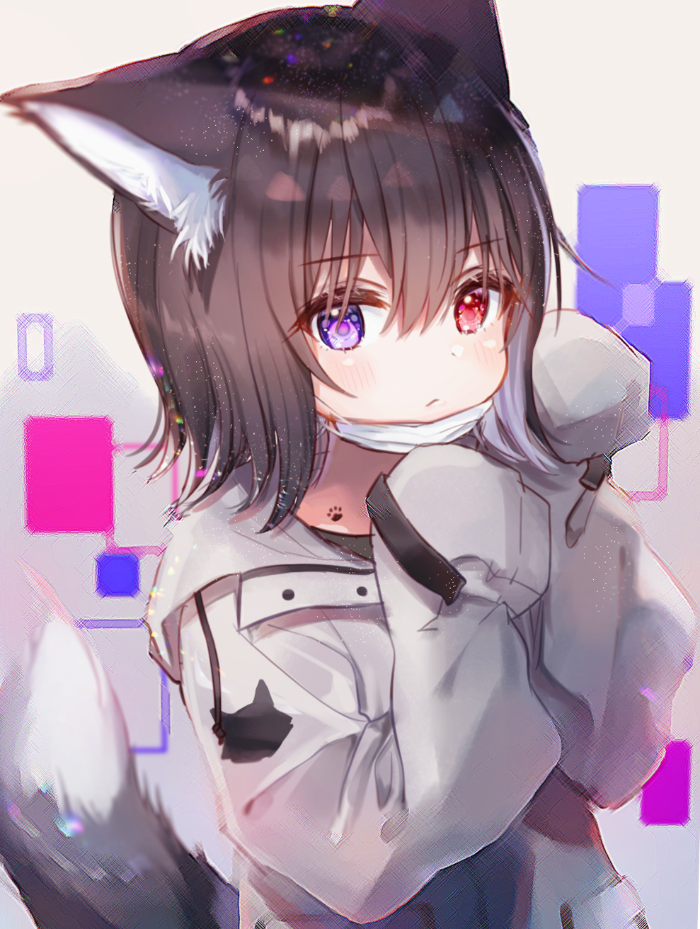 1girl animal_ear_fluff animal_ears animal_print brown_hair expressionless heterochromia highres hood hood_down hooded_jacket jacket long_sleeves mask mask_pull original paw_pose red_eyes rukako short_hair sleeves_past_wrists surgical_mask tail violet_eyes wolf_ears wolf_girl wolf_tail