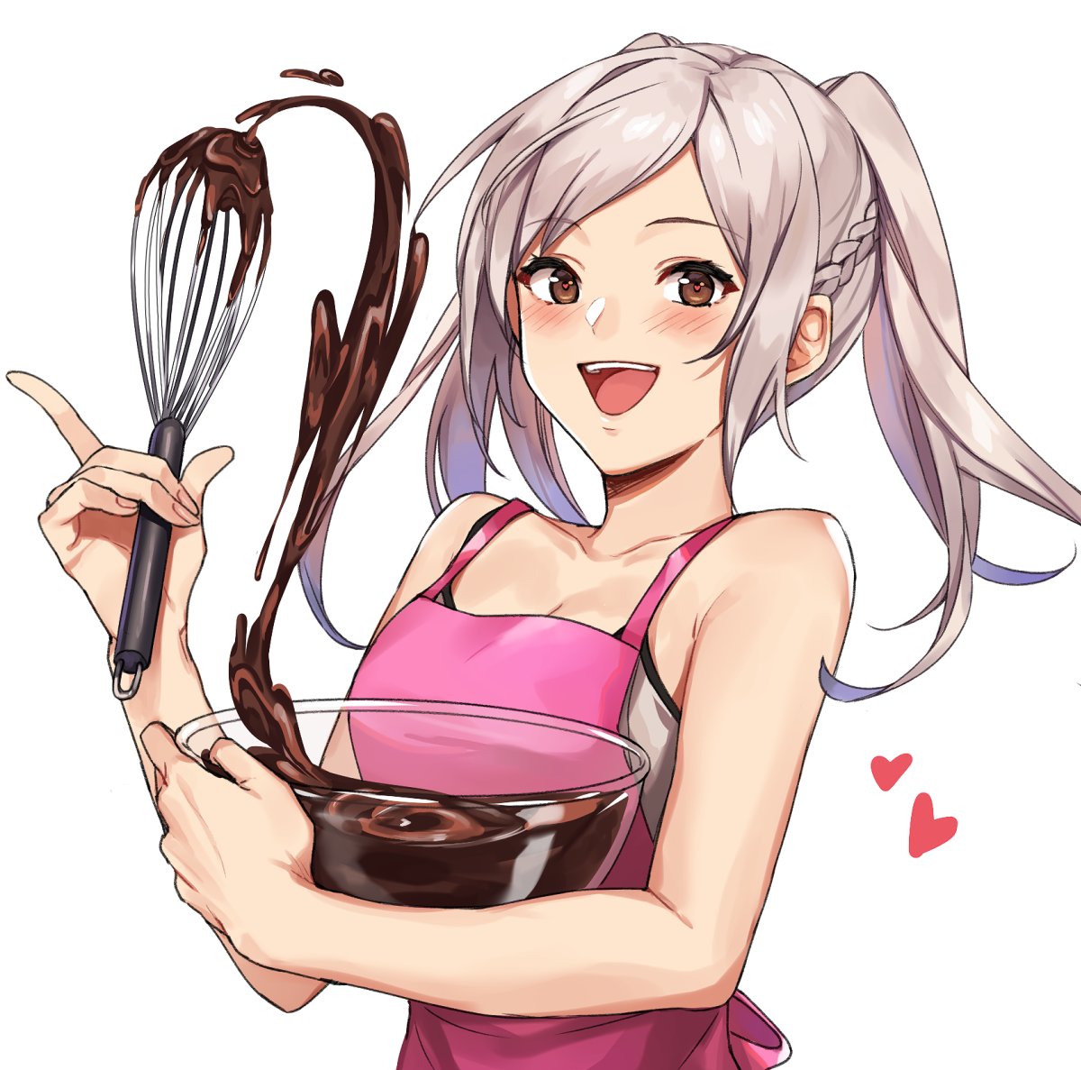 1girl apron bowl brown_eyes fire_emblem fire_emblem_awakening holding kamu_(kamuuei) open_mouth robin_(fire_emblem) robin_(fire_emblem)_(female) simple_background solo twintails upper_body whisk white_background white_hair