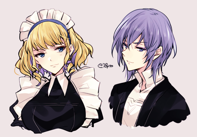 1boy 1girl blonde_hair blue_eyes butler closed_mouth constance_von_nuvelle earrings fire_emblem fire_emblem:_three_houses jewelry maid maid_headdress multicolored_hair naho_(pi988y) purple_hair short_hair simple_background twitter_username upper_body violet_eyes yuri_(fire_emblem)