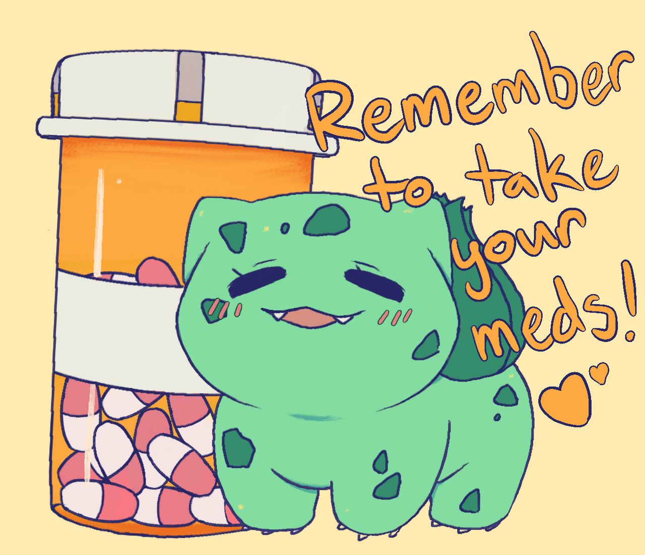 blush bulbacactus bulbasaur claws closed_eyes commentary creature english_commentary english_text full_body gen_1_pokemon heart medicine no_humans open_mouth pill pokemon pokemon_(creature) simple_background solo standing text_focus yellow_background