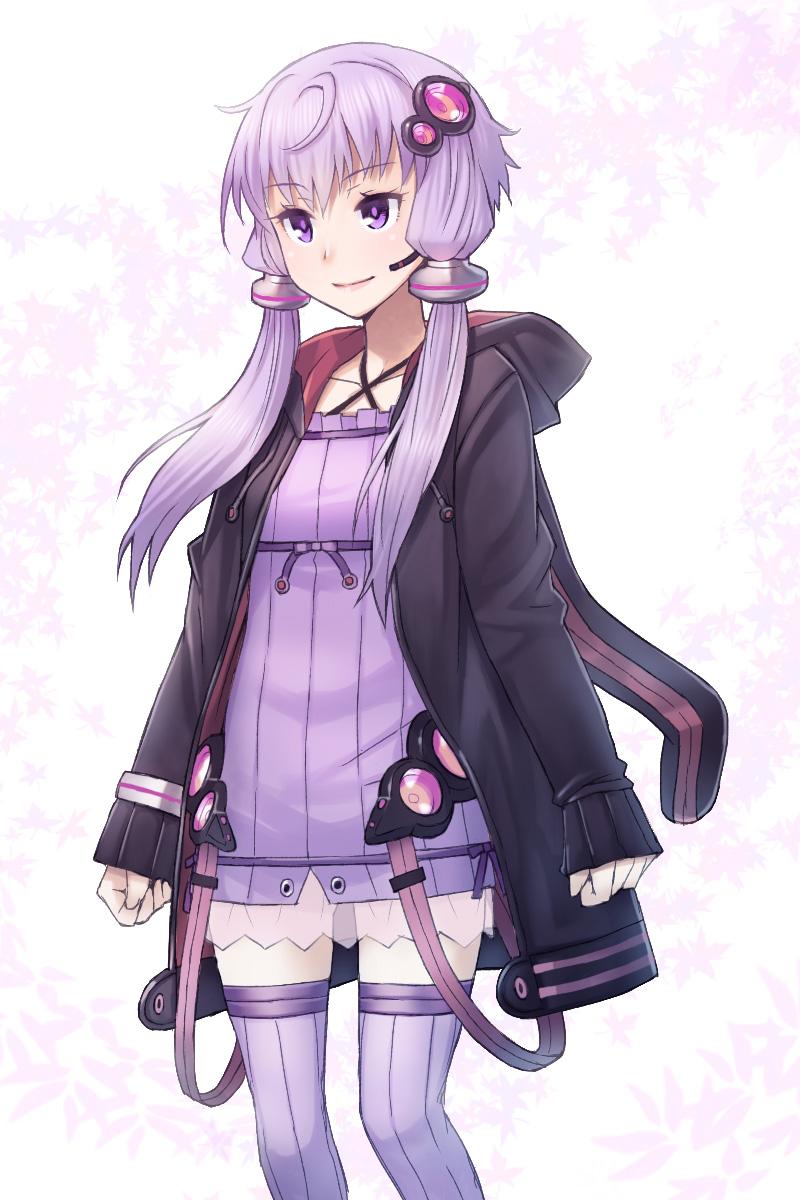 1girl black_jacket closed_mouth commentary dress eyebrows_visible_through_hair hair_ornament highres hood hood_down hooded_jacket itou_(onsoku_tassha) jacket long_hair long_sleeves microphone open_clothes open_jacket purple_dress purple_legwear short_dress sidelocks smile solo standing striped striped_legwear thigh-highs vertical-striped_legwear vertical_stripes violet_eyes voiceroid yuzuki_yukari zettai_ryouiki