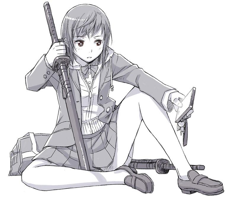 bag bangs bow bowtie bright_pupils cardigan cellphone charm_(object) collared_shirt full_body greyscale holding holding_phone holding_sword holding_weapon itou_(onsoku_tassha) jacket katana knee_up legs_apart loafers long_sleeves monochrome open_clothes open_jacket original parted_lips phone pleated_skirt school_bag school_uniform shirt shoes short_hair simple_background skirt smartphone sword tassel weapon white_background