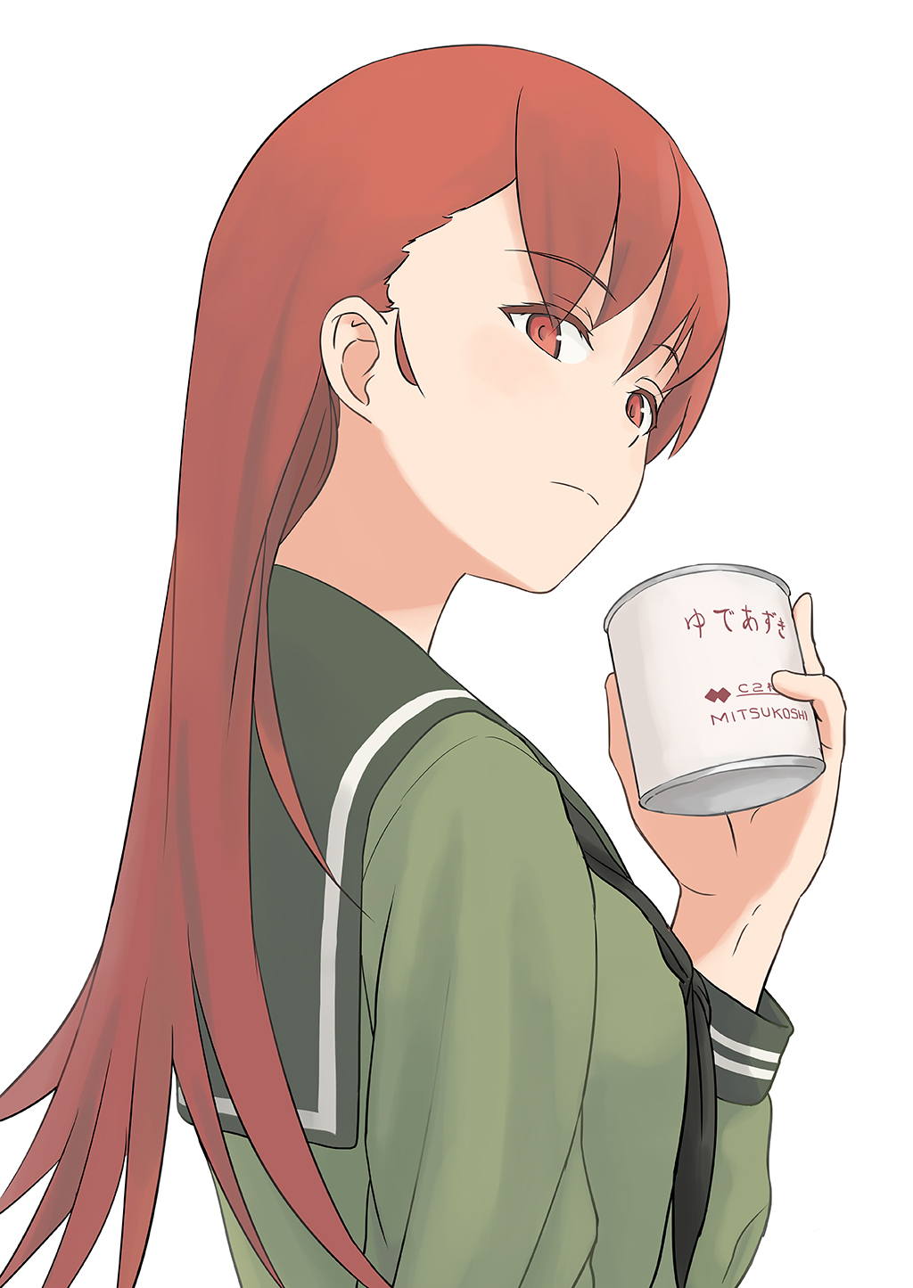 1girl brown_hair c2_kikan can eyebrows_visible_through_hair from_behind green_serafuku highres holding holding_can kantai_collection long_hair looking_at_viewer mitsukoshi_(department_store) neckerchief ooi_(kantai_collection) red_eyes simple_background solo taruya upper_body white_background