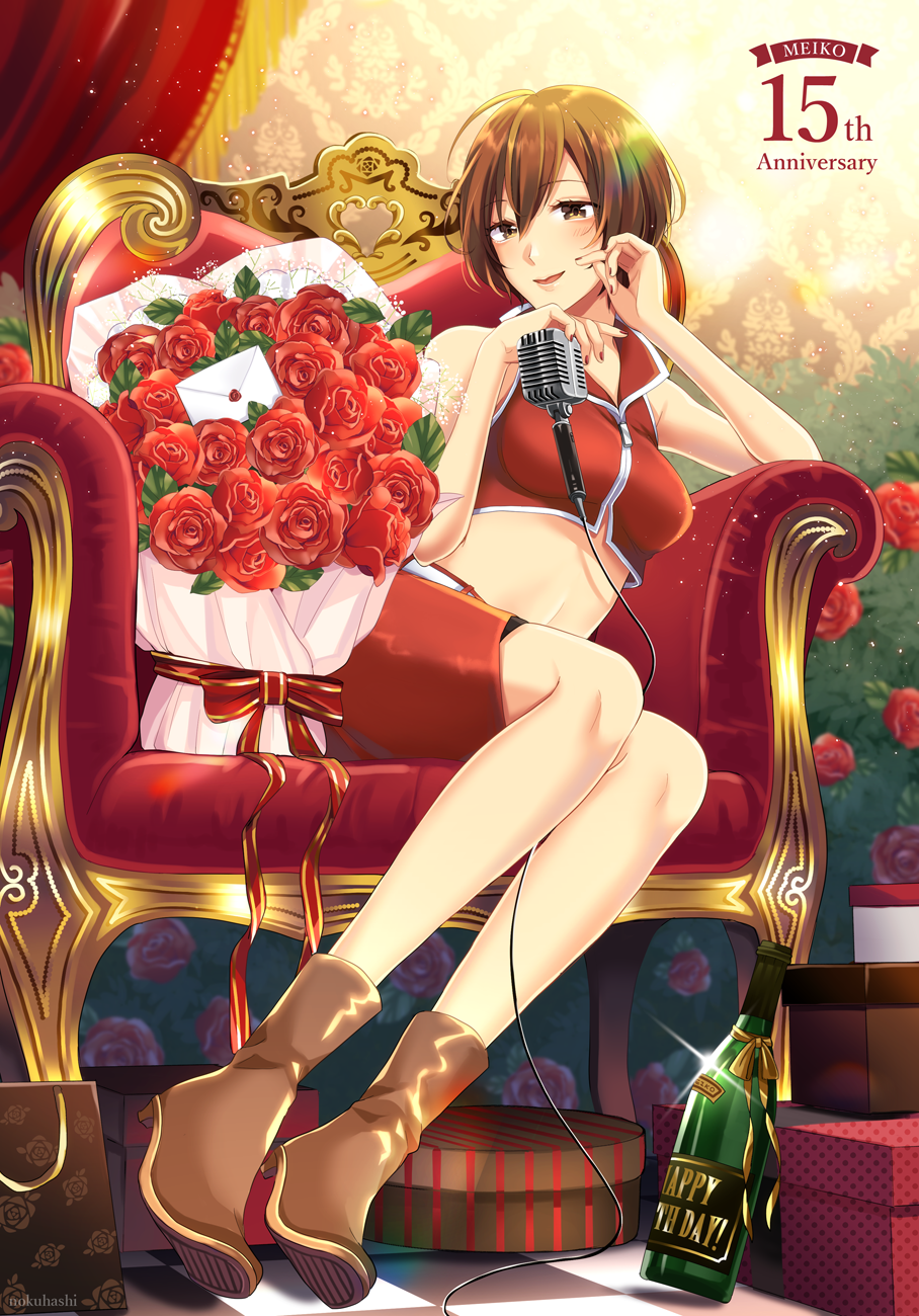 1girl anniversary bare_shoulders blush boots bottle bouquet brown_eyes brown_hair bush cable character_name commentary crop_top curtains envelope flower full_body gift hands_up highres holding holding_microphone indoors looking_at_viewer meiko microphone midriff miniskirt navel nokuhashi red_flower red_rose red_shirt red_skirt ribbon rose shirt short_hair sitting skirt smile solo throne vocaloid wine_bottle zipper