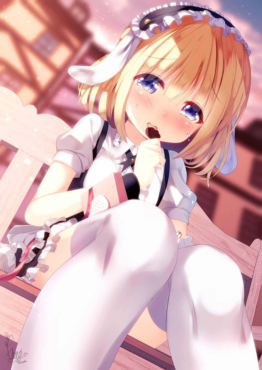 1girl animal_ears bangs black_skirt blonde_hair blue_eyes blurry blurry_background blush building candy center_frills chinomaron chocolate chocolate_heart collared_shirt commentary_request crying crying_with_eyes_open depth_of_field dutch_angle eyebrows_visible_through_hair fake_animal_ears fleur_de_lapin_uniform floppy_ears food frilled_hairband frilled_skirt frills gochuumon_wa_usagi_desu_ka? hair_between_eyes hairband heart highres holding holding_food kirima_sharo nose_blush on_bench outdoors puffy_short_sleeves puffy_sleeves rabbit_ears shirt short_sleeves sitting sitting_on_bench skirt solo sunset tears thigh-highs white_legwear white_shirt wrist_cuffs