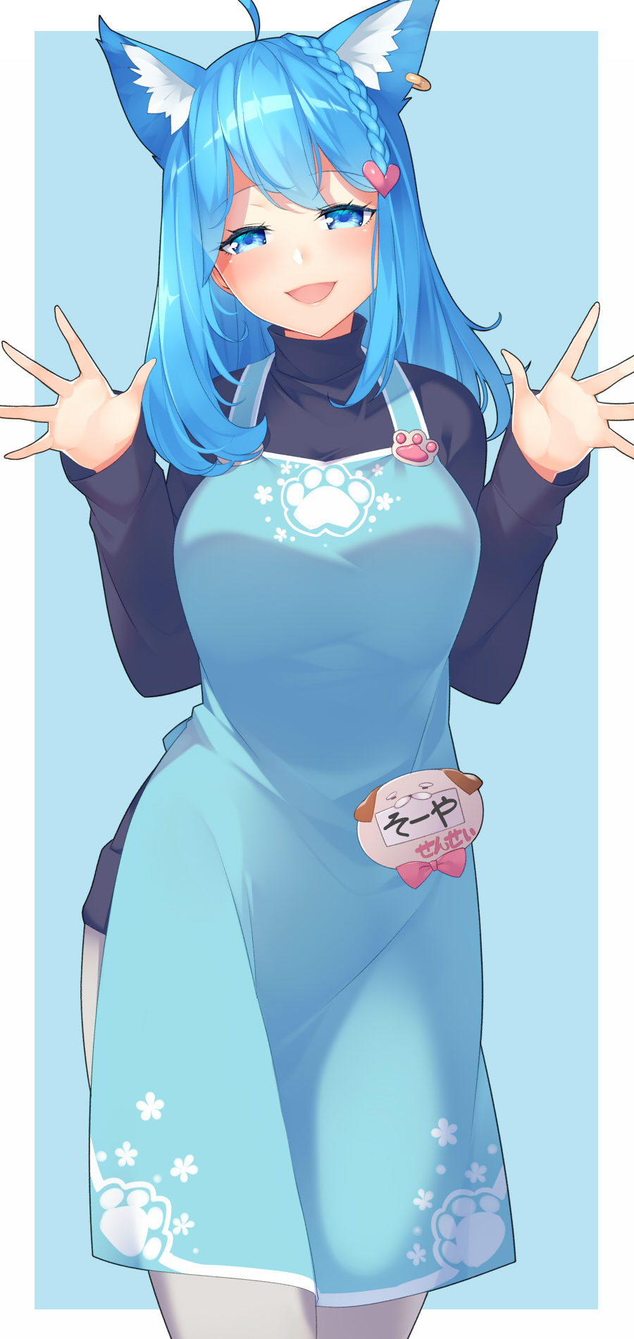 1girl :d ahoge animal_ear_fluff animal_ears animare apron bangs black_shirt blue_apron blue_background blue_eyes blue_hair braid breasts ear_piercing eyebrows_visible_through_hair grey_pants hair_ornament hands_up head_tilt heart heart_hair_ornament highres kokka_han long_hair long_sleeves looking_at_viewer medium_breasts name_tag open_mouth pants piercing shirt smile solo souya_ichika turtleneck two-tone_background virtual_youtuber white_background