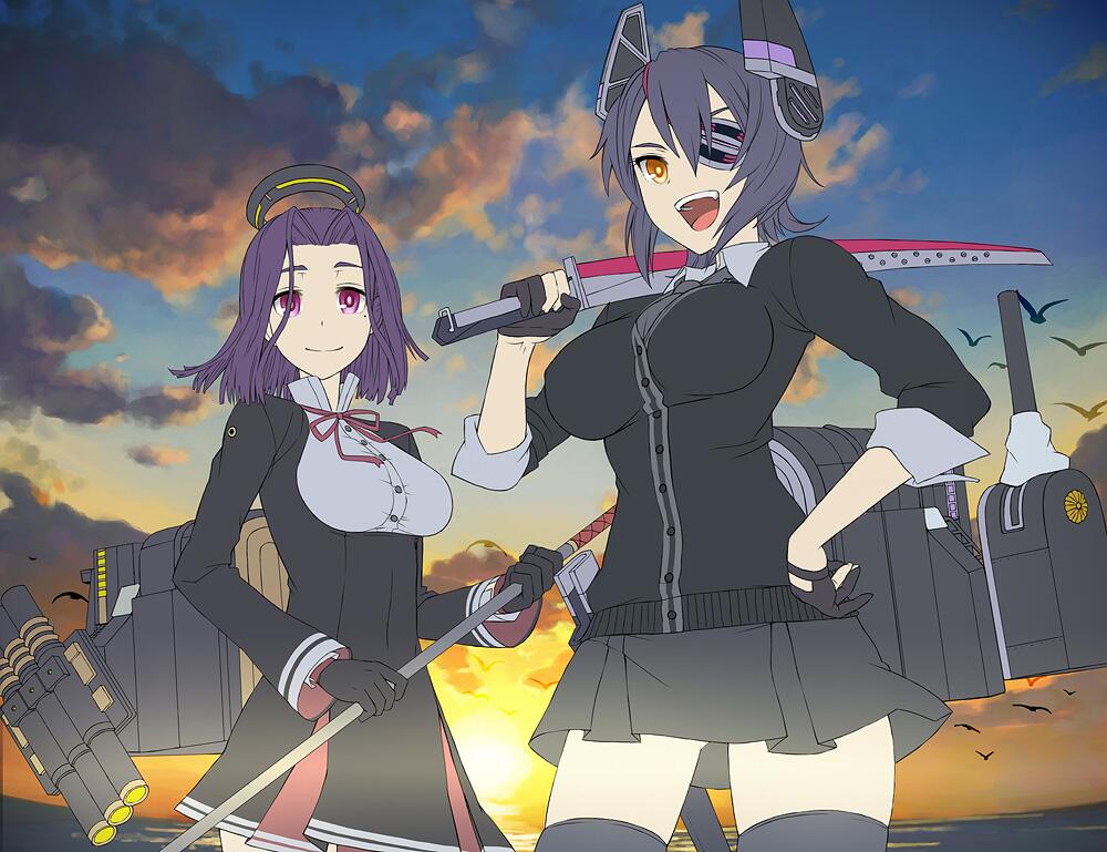 2girls :d clouds cowboy_shot eyepatch gloves hand_on_hip headgear holding holding_sword holding_weapon itou_(onsoku_tassha) kantai_collection long_sleeves looking_at_viewer mechanical_halo multiple_girls ocean one_eye_covered open_mouth over_shoulder purple_hair school_uniform short_hair skirt sky smile standing sword sword_over_shoulder tatsuta_(kantai_collection) tenryuu_(kantai_collection) thigh-highs violet_eyes weapon weapon_over_shoulder yellow_eyes