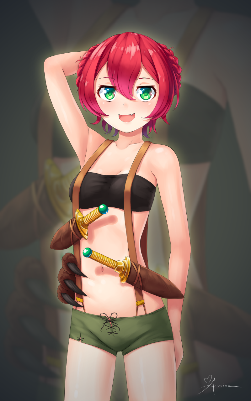 1girl :d aposine arm_up artist_name bandeau black_background blush braid claws collarbone commentary dagger english_commentary exia_marauder eyebrows_visible_through_hair fang green_eyes green_shorts hair_between_eyes hand_behind_head heart highres looking_at_viewer navel open_mouth redhead sheath sheathed short_hair short_shorts shorts signature silhouette smile solo standing suspender_shorts suspenders trapped_in_my_own_shitty_light_novel_after_killing_myself_so_i_might_as_well_court_the_hot_ass_goddess_who_summoned_me! weapon zoom_layer