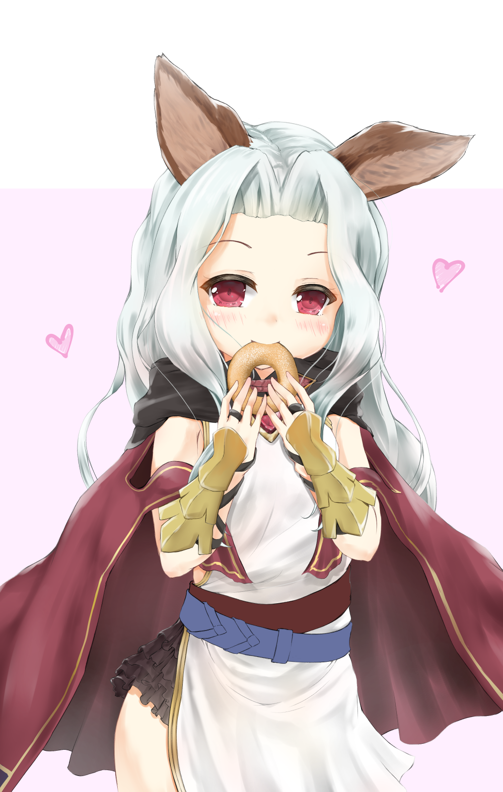 1girl animal_ears bangs blush cape closed_mouth commentary_request doughnut dress eating food forehead granblue_fantasy hands_up heart highres holding holding_food long_hair looking_at_viewer maru_shion parted_bangs pink_background red_cape red_eyes scathacha_(granblue_fantasy) silver_hair sleeveless sleeveless_dress smile solo two-tone_background vambraces white_background white_dress