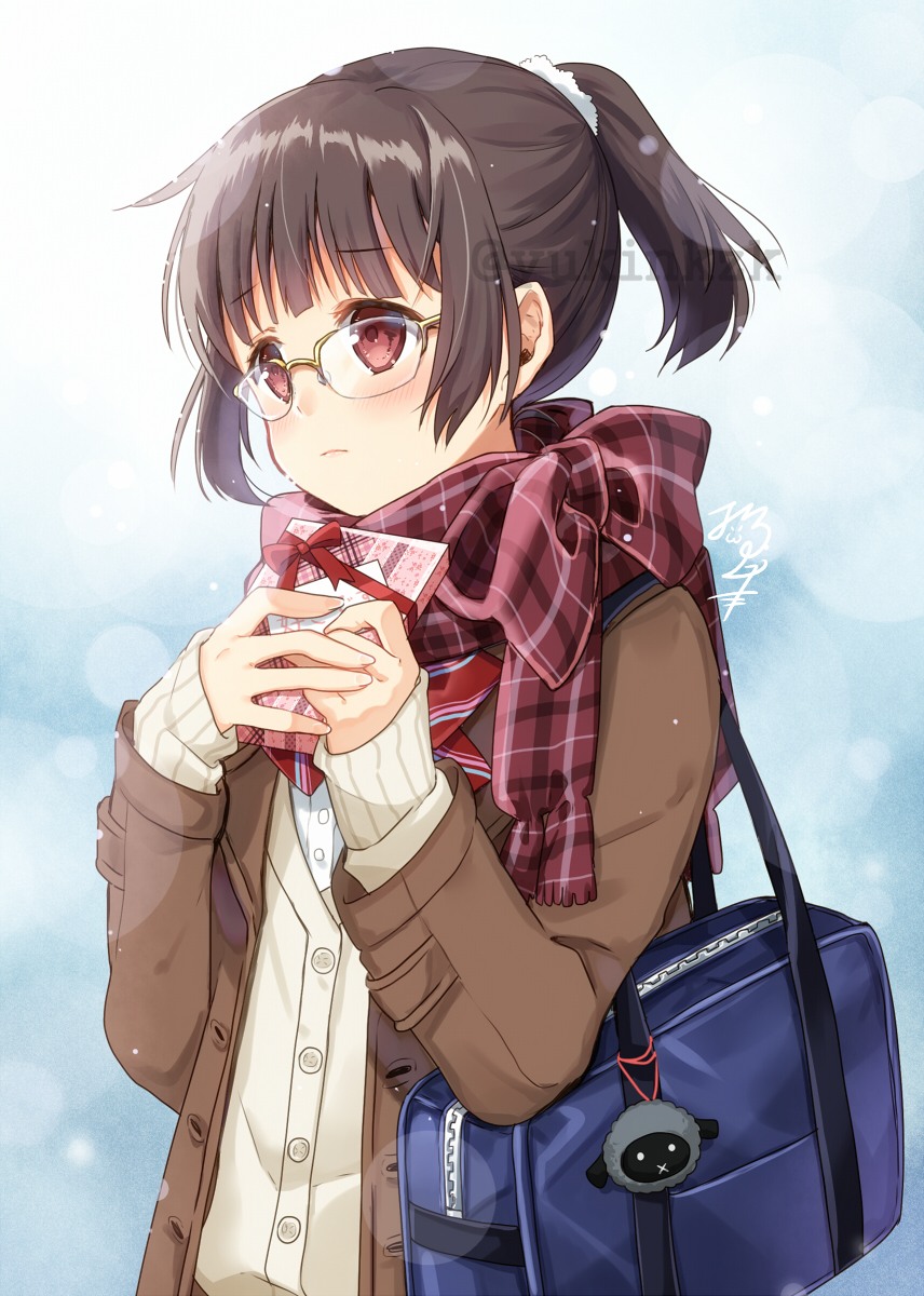 1girl bag bag_charm bangs blush box brown_cardigan brown_eyes brown_hair brown_jacket cardigan charm_(object) closed_mouth commentary_request eyebrows_visible_through_hair fringe_trim gift gift_box glasses hands_up highres holding holding_gift jacket long_sleeves looking_away nekozuki_yuki open_clothes open_jacket original plaid plaid_scarf ponytail red_scarf scarf school_bag shirt signature sleeves_past_wrists solo twitter_username upper_body valentine watermark white_shirt