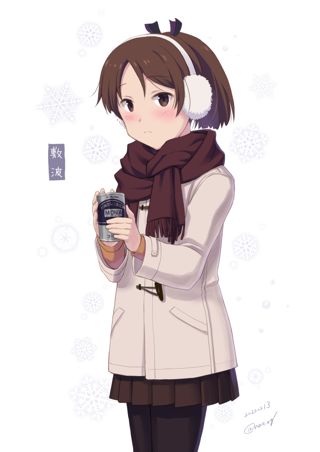 1girl beige_coat black_legwear brown_eyes brown_hair brown_scarf brown_skirt can canned_coffee character_name cowboy_shot earmuffs kantai_collection looking_at_viewer nao_(nao_eg) pantyhose pleated_skirt ponytail scarf shikinami_(kantai_collection) short_hair simple_background skirt solo white_background