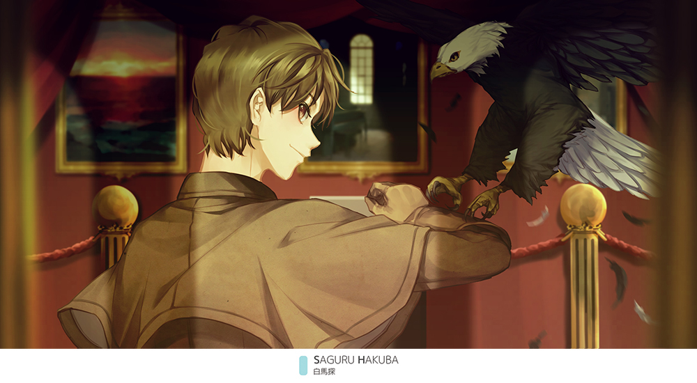 1boy bird blurry blurry_background brown_capelet brown_eyes brown_gloves brown_hair brown_jacket character_name feathers gloves indoors jacket long_sleeves looking_at_viewer magic_kaito male_focus monicanc profile saguru_hakuba shiny shiny_hair solo