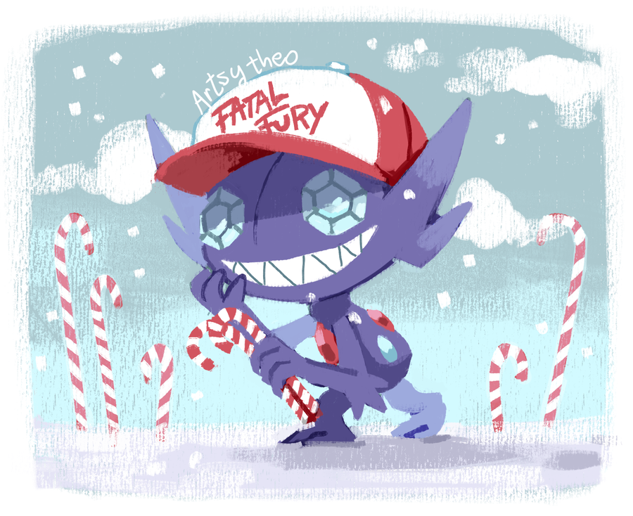 artsy-theo baseball_cap candy candy_cane clouds cloudy_sky creature day fatal_fury food full_body gen_3_pokemon grin hat holding holding_candy_cane looking_at_viewer no_humans outdoors pokemon pokemon_(creature) sableye signature sky smile solo standing