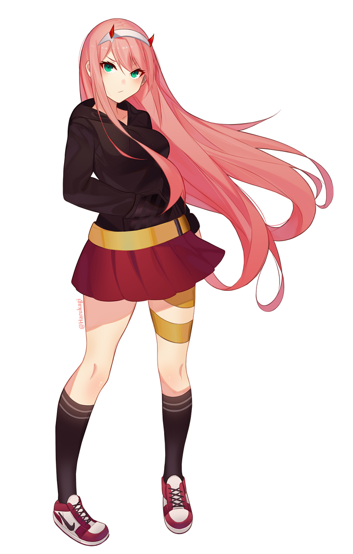 1girl artist_name bangs black_legwear black_sweater breasts commentary_request darling_in_the_franxx green_eyes hairband harukagi horns kneehighs large_breasts long_hair looking_at_viewer oni_horns pink_hair red_horns red_skirt simple_background skirt solo sweater white_background zero_two_(darling_in_the_franxx)
