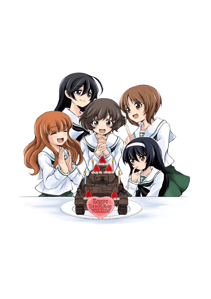 5girls ahoge akiyama_yukari bangs birthday_cake black_eyes black_hair black_neckwear blouse blunt_bangs brown_eyes brown_hair cake candle character_name closed_eyes closed_mouth commentary english_text eyebrows_visible_through_hair finger_to_mouth food fruit girls_und_panzer green_skirt ground_vehicle hagi_midori hairband hands_together happy_birthday heart interlocked_fingers isuzu_hana long_hair long_sleeves looking_at_another messy_hair military military_vehicle miniskirt motor_vehicle multiple_girls neckerchief nishizumi_miho ooarai_school_uniform open_mouth orange_hair panzerkampfwagen_iv plate pleated_skirt reizei_mako school_uniform serafuku short_hair simple_background sitting skirt smile standing strawberry takebe_saori tank white_background white_blouse white_hairband