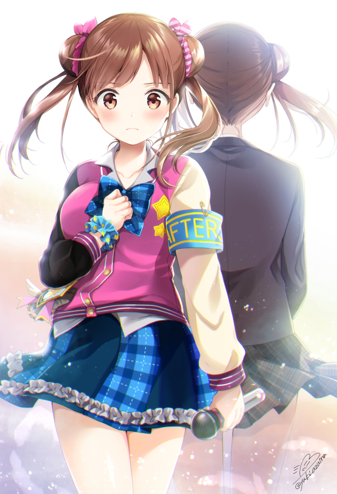 1girl armband azuma_yuki bangs black_jacket blazer blue_bow blue_scrunchie blue_skirt blush bow brown_eyes brown_hair brown_skirt closed_mouth commentary_request double_bun eyebrows_visible_through_hair facing_away frilled_skirt frills hair_ribbon holding holding_microphone idolmaster idolmaster_shiny_colors jacket long_hair long_sleeves looking_at_viewer microphone multiple_views pink_jacket pink_ribbon plaid plaid_bow plaid_skirt pleated_skirt print_scrunchie ribbon safety_pin scrunchie signature skirt sonoda_chiyoko star star_print twintails twitter_username wrist_scrunchie