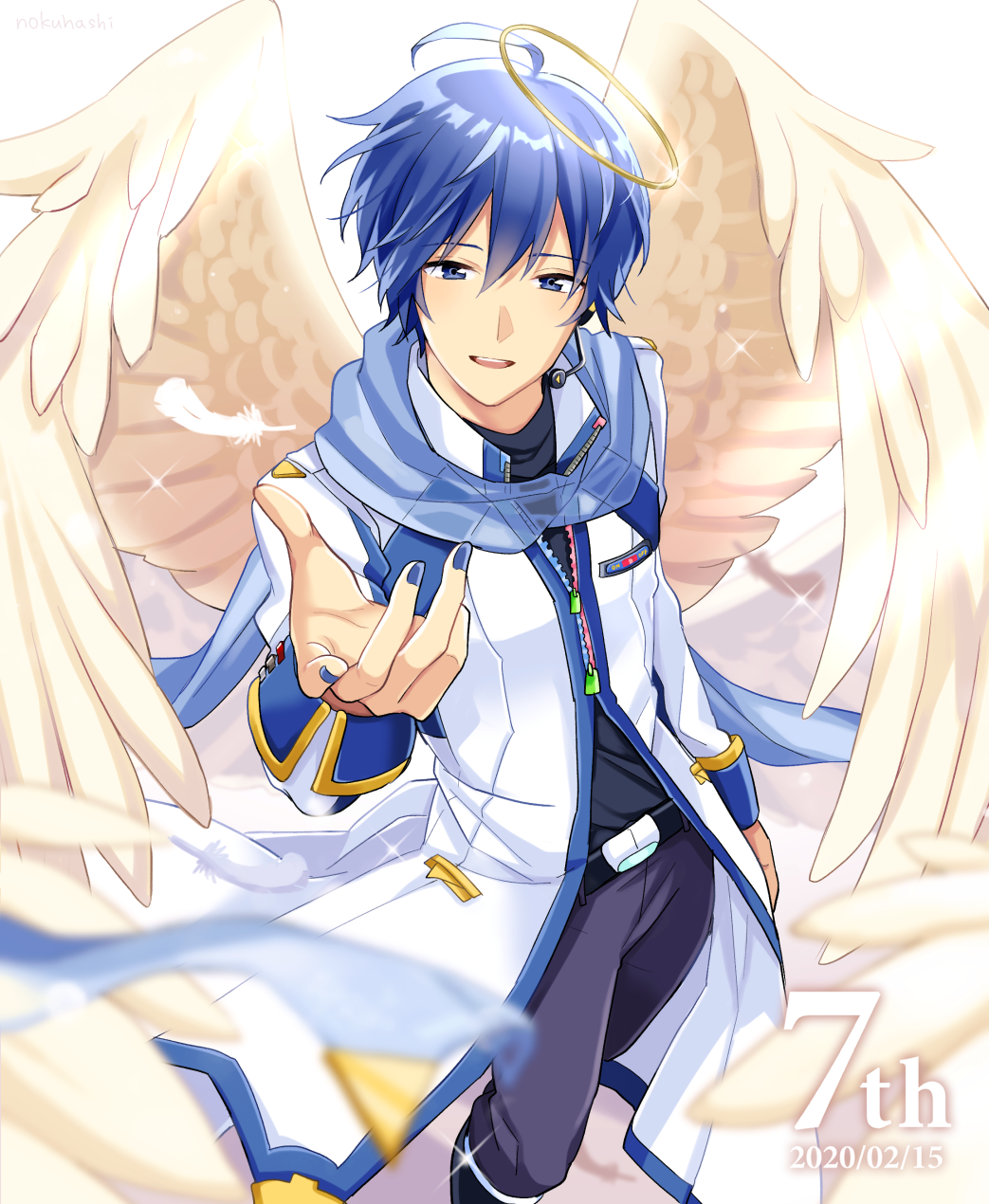 2020 ahoge angel_wings anniversary belt black_shirt blue_eyes blue_hair blue_nails blue_scarf boots brown_wings coat commentary contrapposto dated feathered_wings feathers feet_out_of_frame half-closed_eyes halo headphones headset highres kaito kaito_(vocaloid3) knee_boots looking_at_viewer nail_polish nokuhashi open_mouth outstretched_arm pants reaching scarf see-through shirt smile sparkle vocaloid white_coat wings zipper