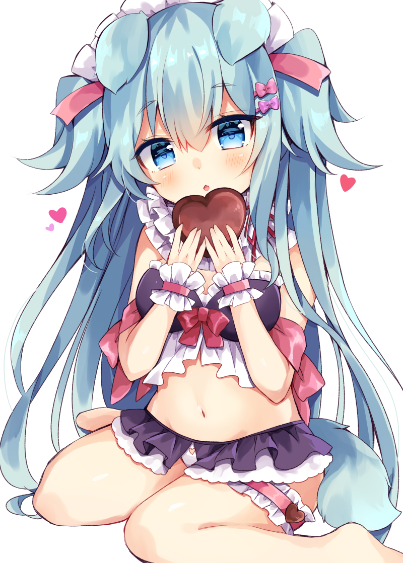 1girl animal_ears bangs bare_shoulders barefoot bikini black_bikini blue_eyes blue_hair blush bow_bikini candy chocolate chocolate_heart commentary_request dog_ears dog_girl dog_tail eyebrows_visible_through_hair food frilled_bikini frills hair_between_eyes hands_up heart holding holding_food long_hair maid_headdress maki_soutoki navel original parted_lips simple_background sitting solo swimsuit tail two_side_up very_long_hair wariza white_background white_bikini wrist_cuffs