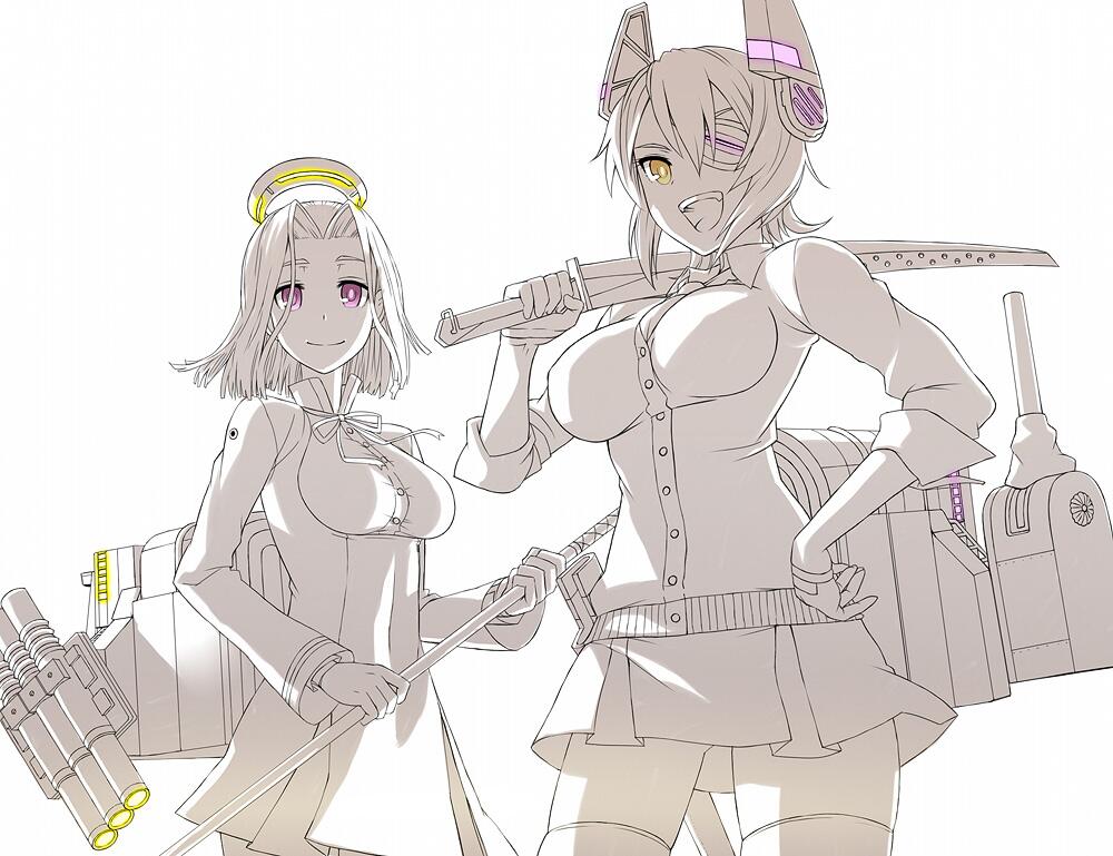 2girls :d cowboy_shot eyepatch gloves hand_on_hip headgear holding holding_sword holding_weapon itou_(onsoku_tassha) kantai_collection long_sleeves looking_at_viewer mechanical_halo multiple_girls one_eye_covered open_mouth over_shoulder school_uniform short_hair simple_background skirt smile standing sword sword_over_shoulder tatsuta_(kantai_collection) tenryuu_(kantai_collection) thigh-highs violet_eyes weapon weapon_over_shoulder white_background yellow_eyes