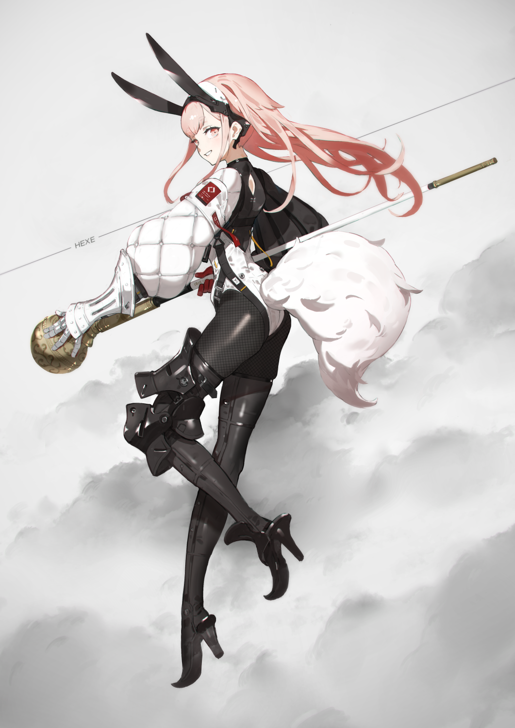 1girl animal_ears armor armored_boots bangs black_clothes black_legwear bodysuit boots collar commentary english_text from_side full_body gloves headgear highres holding knee_pads long_hair long_sleeves mechanical_ears neco open_mouth orange_eyes original pink_hair platform_footwear puffy_long_sleeves puffy_sleeves rabbit_ears red_gloves rod simple_background single_knee_pad smile solo tail thigh-highs thigh_boots white_gloves