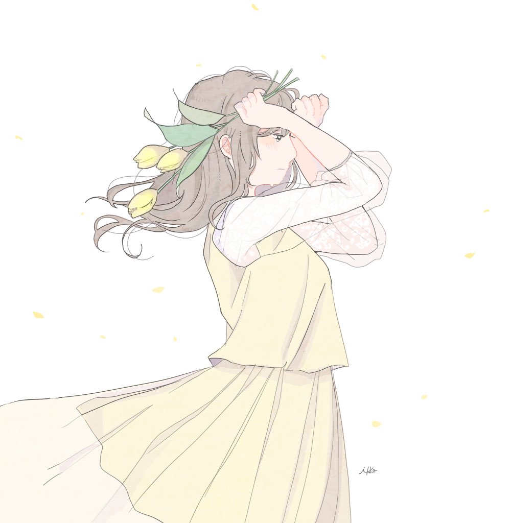 1girl brown_hair cowboy_shot dress flower hands_up holding holding_flower long_hair long_sleeves misoshiru_15 original plant profile see-through_sleeves signature solo tearing_up white_background wind yellow_dress yellow_flower