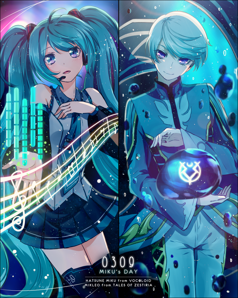 1boy 1girl ahoge bangs black_legwear black_skirt black_sleeves blue_eyes blue_hair blue_jacket character_name closed_mouth copyright_name cowboy_shot dated detached_sleeves dress_shirt eyebrows_visible_through_hair floating_hair frilled_shirt frills grey_shirt hair_ornament hatsune_miku headset jacket long_hair long_sleeves looking_at_viewer microphone mikleo_(tales) miniskirt monicanc open_mouth outstretched_arm pants pleated_skirt shiny shiny_hair shirt silver_hair skirt sleeveless sleeveless_shirt smile split_screen swept_bangs tales_of_(series) tales_of_zestiria tears thigh-highs twintails very_long_hair vocaloid white_pants zettai_ryouiki