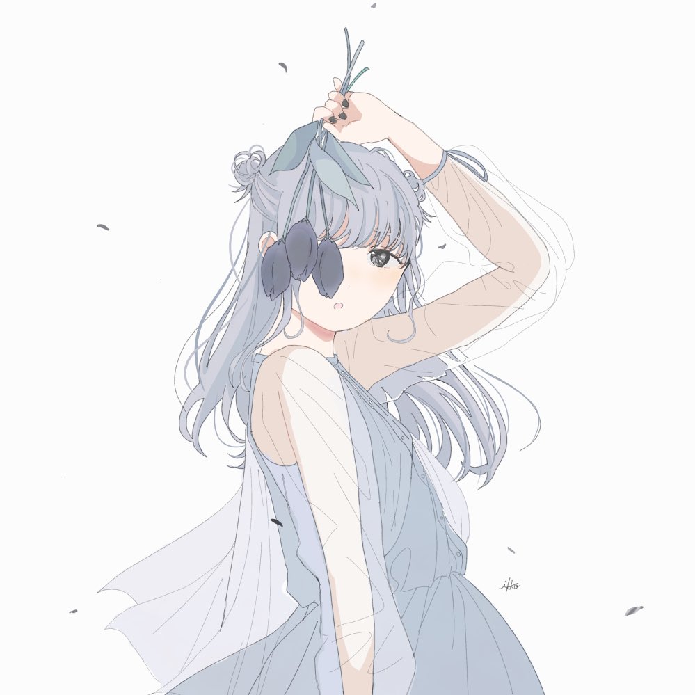 1girl bangs blush dress flower grey_dress grey_eyes grey_flower holding holding_flower long_hair misoshiru_15 open_mouth original petals see-through_sleeves solo upper_body white_background