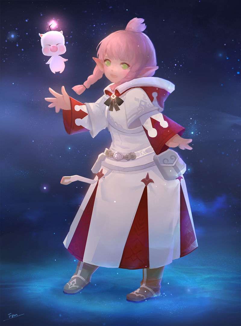 1girl ahoge belt blush boots closed_eyes final_fantasy final_fantasy_xiv floating fom_(lifotai) glowing green_eyes hood hood_down lalafell light_particles medium_hair moogle open_eyes open_mouth pink_hair pointy_ears pouch smile standing waving white_belt white_mage