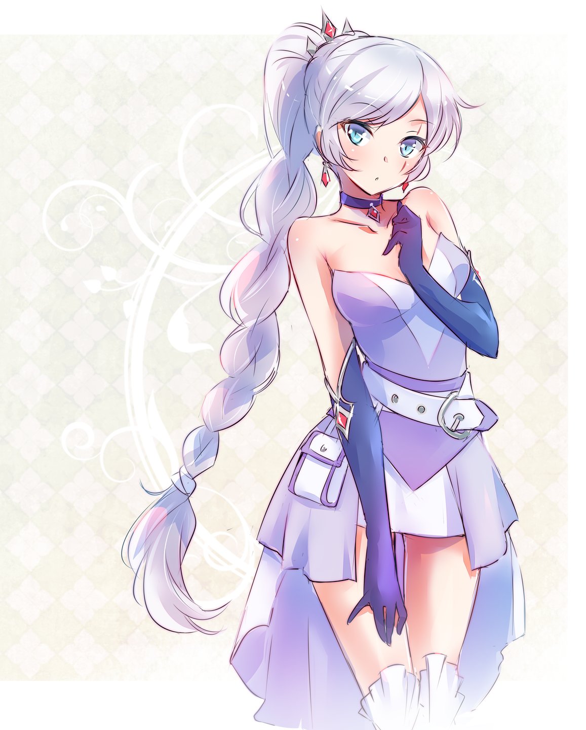 1girl bare_shoulders belt blue_eyes choker dress earrings elbow_gloves gloves highres iesupa jewelry long_hair miniskirt ponytail pouch rwby scar scar_across_eye side_ponytail skirt solo tiara weiss_schnee white_hair