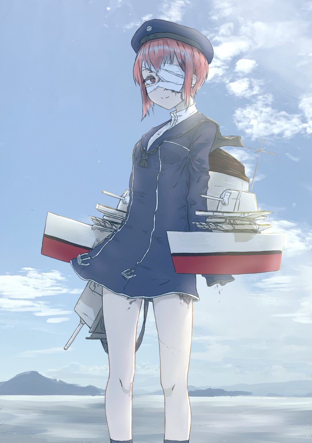 1girl amputee bandage_over_one_eye bandages breasts brown_eyes brown_hair clothes_writing clouds day dress hat highres injury kantai_collection long_sleeves mechanical_parts mountain nito_(nshtntr) ocean outdoors rigging sailor_collar sailor_dress sailor_hat short_hair sky small_breasts smile socks solo water z3_max_schultz_(kantai_collection)
