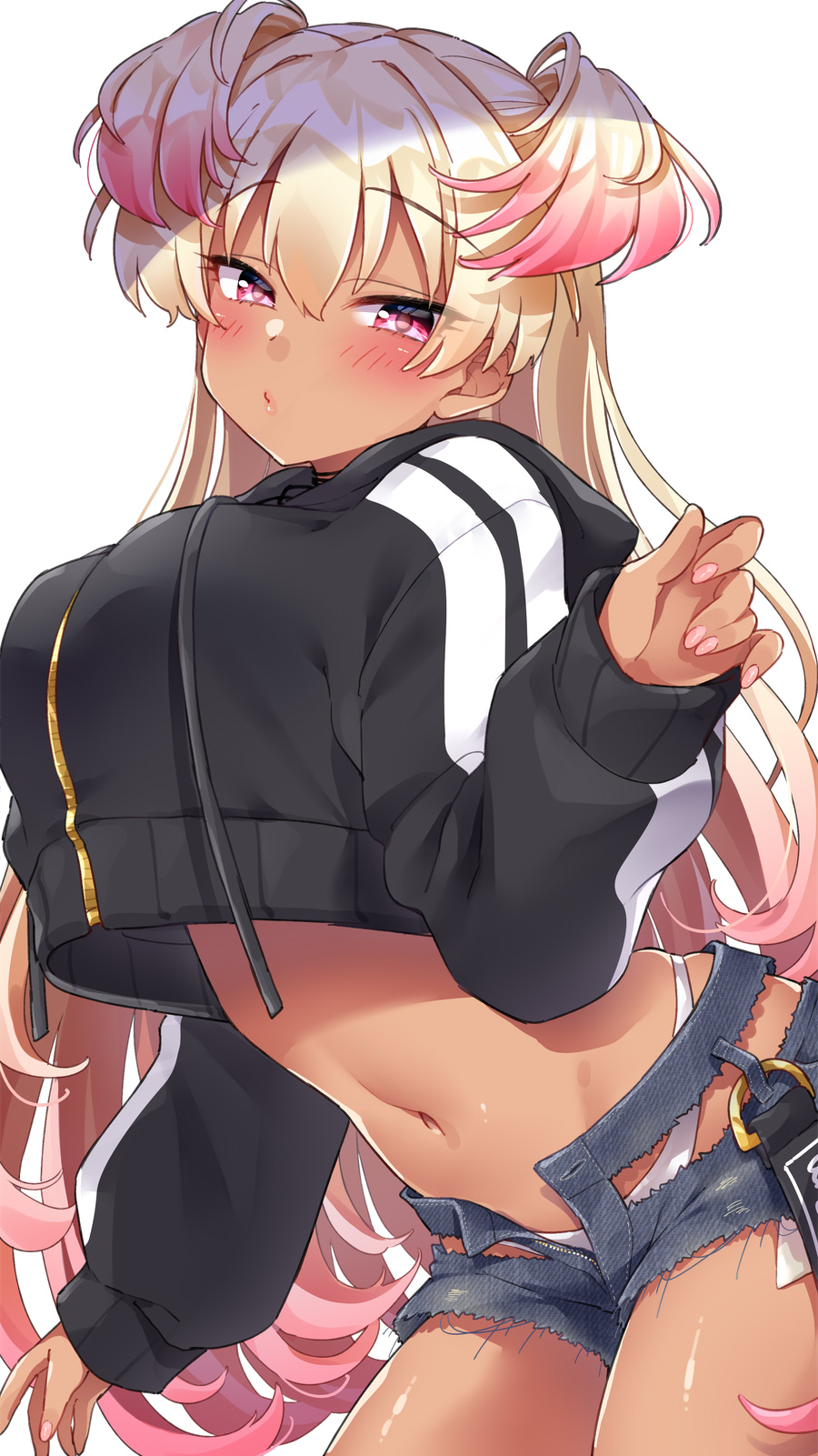 1girl arched_back black_shirt blonde_hair breasts commentary_request cowboy_shot crop_top crop_top_overhang dark_skin denim denim_shorts drawstring gradient_hair hand_up highres hood hood_down large_breasts long_hair long_sleeves looking_at_viewer midriff mio_(mgr300) multicolored_hair nail_polish navel open_fly original panties pink_eyes shirt short_shorts shorts simple_background solo stomach thighs torn_clothes torn_shorts two-tone_hair two_side_up underwear very_long_hair white_background white_panties