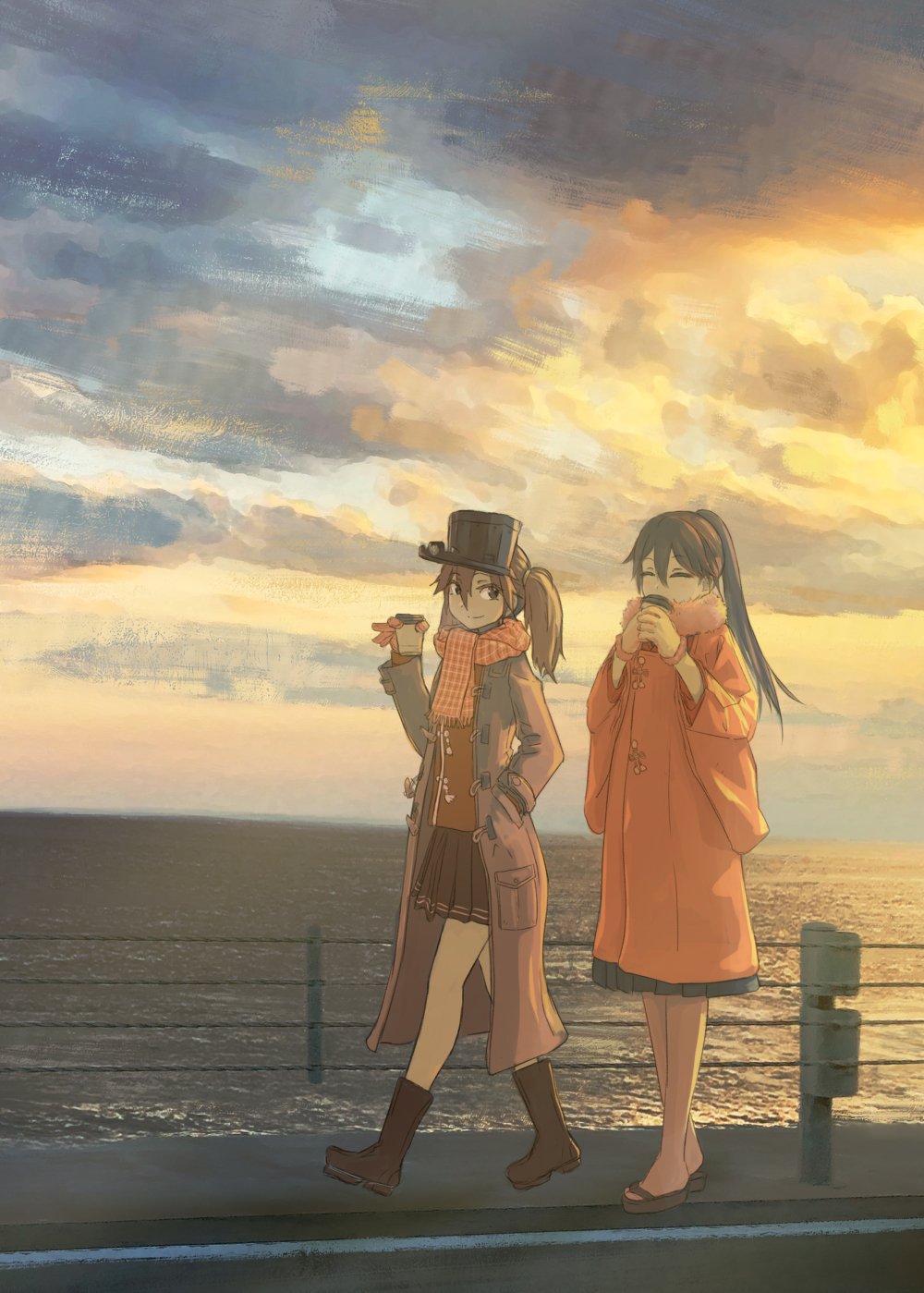 2girls alternate_costume bangs blue_hair boots brown_hair closed_eyes clouds coat cup disposable_cup drinking evening fur_trim gloves hair_between_eyes hand_in_pocket highres holding houshou_(kantai_collection) japanese_clothes kantai_collection kariginu long_hair long_sleeves mittens multiple_girls nito_(nshtntr) ocean open_clothes open_coat outdoors pantyhose pleated_skirt pocket ponytail ryuujou_(kantai_collection) sandals scarf skirt sky smile twintails visor_cap walking water