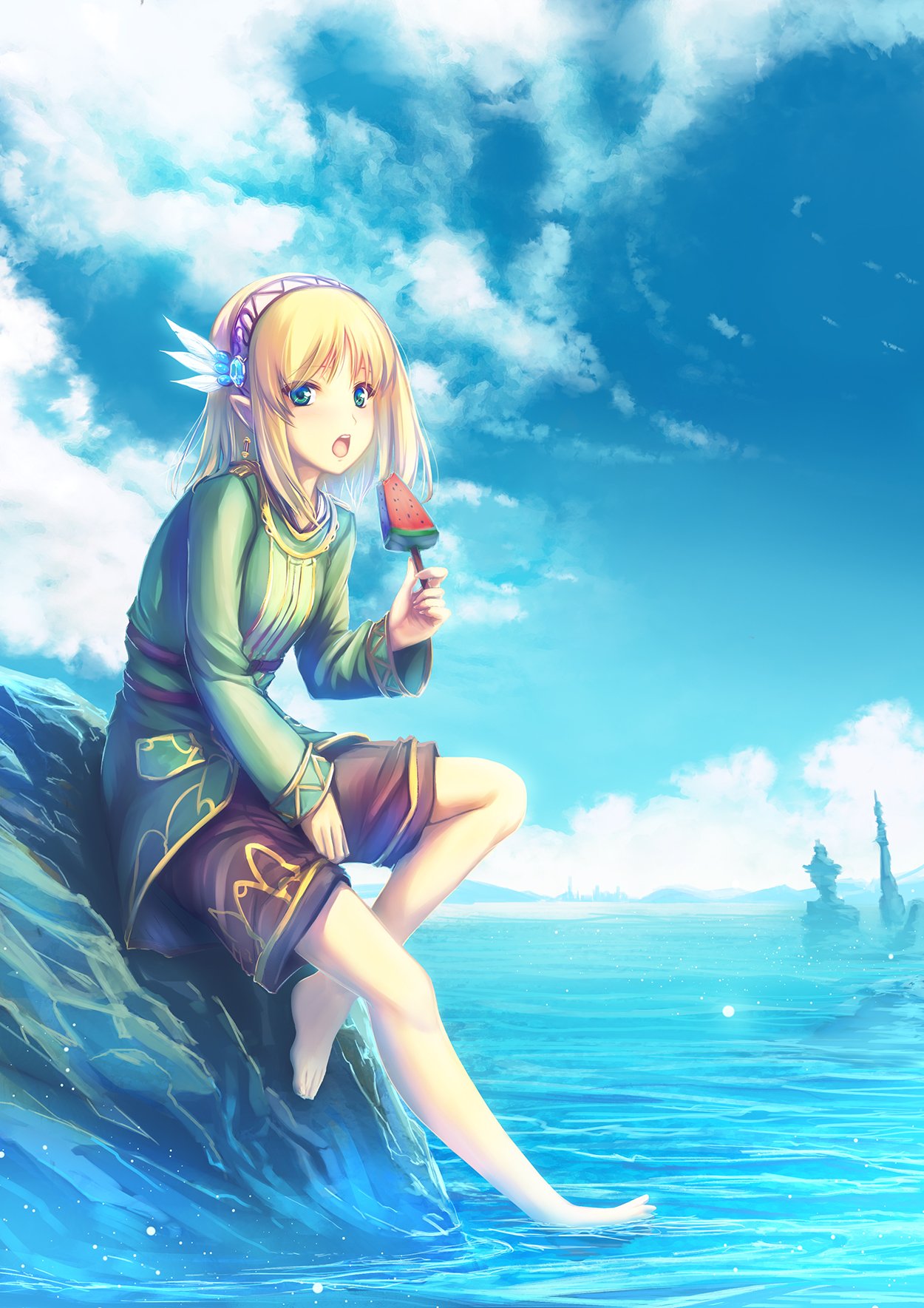 1girl :o aqua_eyes barefoot blonde_hair blue_sky blush breasts brown_shorts clouds commentary_request earrings elf feathers feet food green_jacket hair_feathers hairband highres holding holding_food jacket jewelry keena_(leadale_no_daichi_nite) leadale_no_daichi_nite long_sleeves looking_at_viewer medium_hair nature ocean official_art open_mouth outdoors pointy_ears popsicle rock shorts sidelocks sitting sky small_breasts solo tenmaso toes upper_teeth watermelon_bar