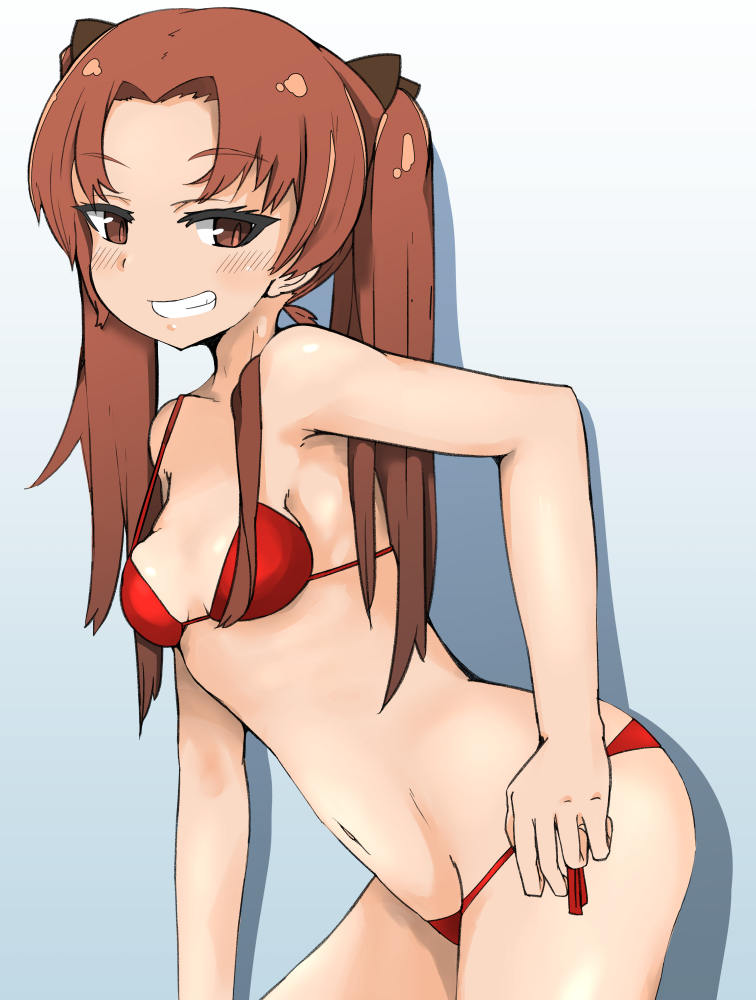 1girl bangs bikini black_bow blue_background bow breasts brown_eyes brown_hair commentary cowboy_shot eyebrows_visible_through_hair girls_und_panzer gradient gradient_background grin hair_bow kadotani_anzu leaning_forward long_hair looking_at_viewer navel ngc20701 parted_bangs red_bikini shadow side-tie_bikini small_breasts smile solo standing string_bikini swimsuit twintails