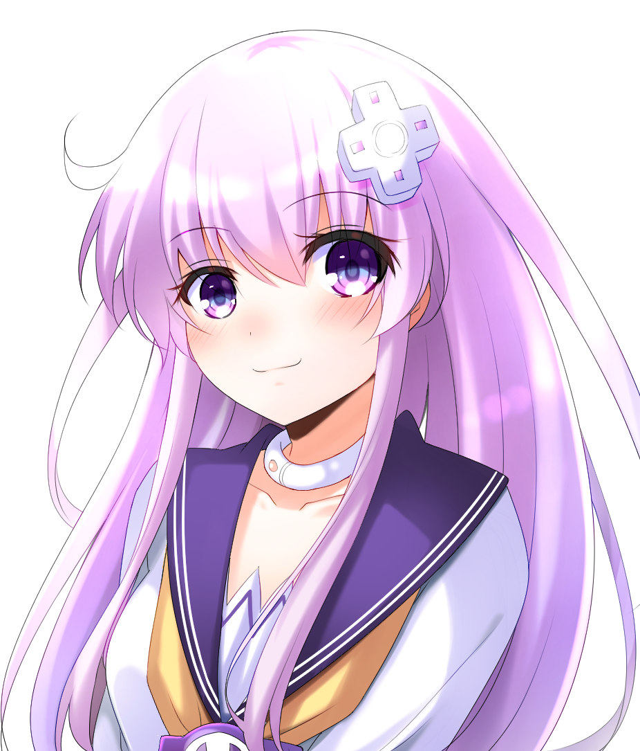1girl bangs blush collar collarbone commentary d-pad d-pad_hair_ornament doria_(5073726) dress eyebrows_visible_through_hair hair_between_eyes hair_ornament long_hair looking_at_viewer neckerchief nepgear neptune_(series) purple_hair sailor_collar sailor_dress sidelocks simple_background smug solo upper_body violet_eyes white_background white_dress yellow_neckwear