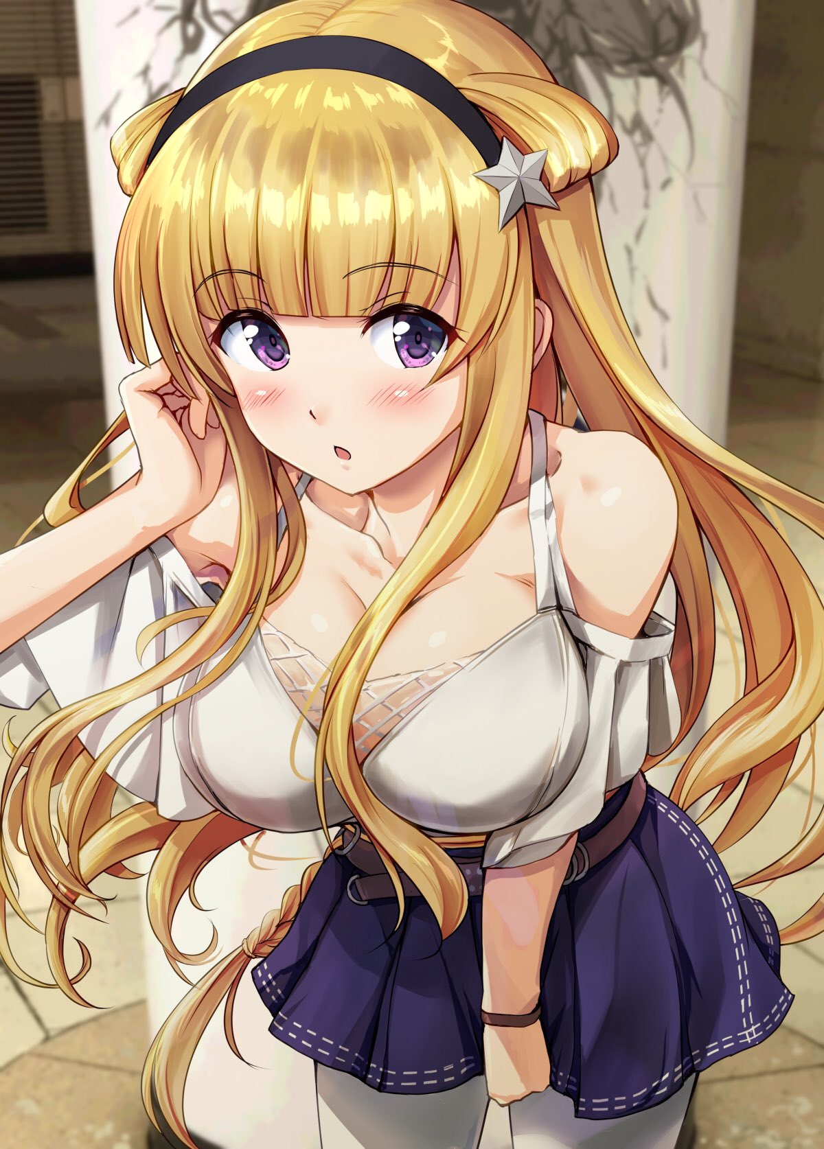 1girl alternate_costume belt black_hairband blonde_hair blouse blue_skirt blush breasts brown_belt casual collarbone commentary_request double_bun eyebrows_visible_through_hair fletcher_(kantai_collection) hair_ornament hairband highres ichikawa_feesu kantai_collection large_breasts long_hair off_shoulder open_mouth pleated_skirt sidelocks skirt solo star star_hair_ornament violet_eyes white_blouse white_legwear