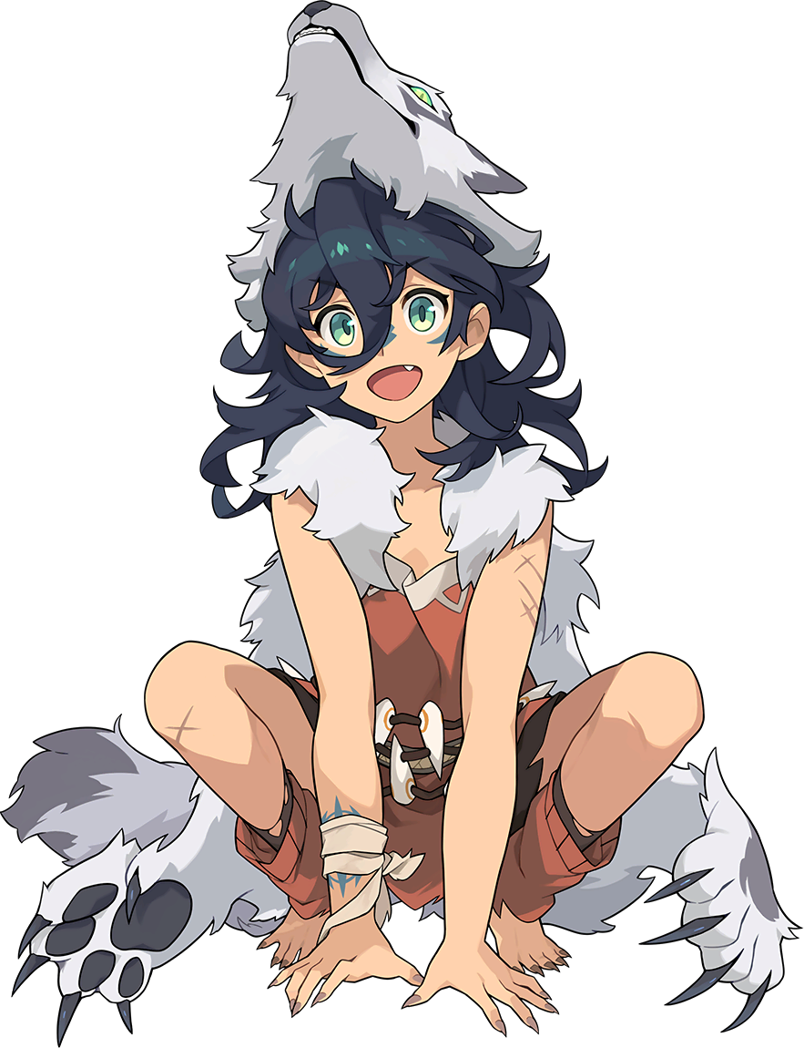 1girl barefoot black_hair claws facepaint fang full_body green_eyes hair_between_eyes karo_(world_flipper) looking_at_viewer messy_hair open_mouth scar smile solo tachi-e transparent_background wolf_pelt world_flipper