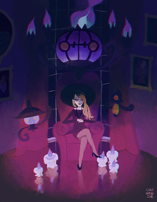1girl armchair artist_self-insert chair chandelure chuwenjie commentary curtains dark english_commentary facing_viewer floating gen_5_pokemon high_heels indoors lampent litwick looking_at_viewer original pokemon pokemon_(creature) reflection shoes signature sitting window yamask