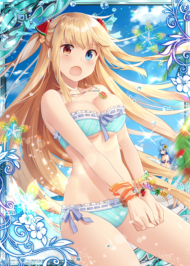 2girls ball bare_shoulders beach beach_volleyball bikini blonde_hair blue_bikini blue_eyes blue_ribbon food fruit gauntlets grapefruit hair_ornament jewelry long_hair looking_at_viewer multicolored multicolored_eyes multiple_girls natsumekinoko necklace official_art open_mouth orange_eyes pineapple ribbon shinkai_no_valkyrie strawberry striped striped_ribbon swimsuit watermelon