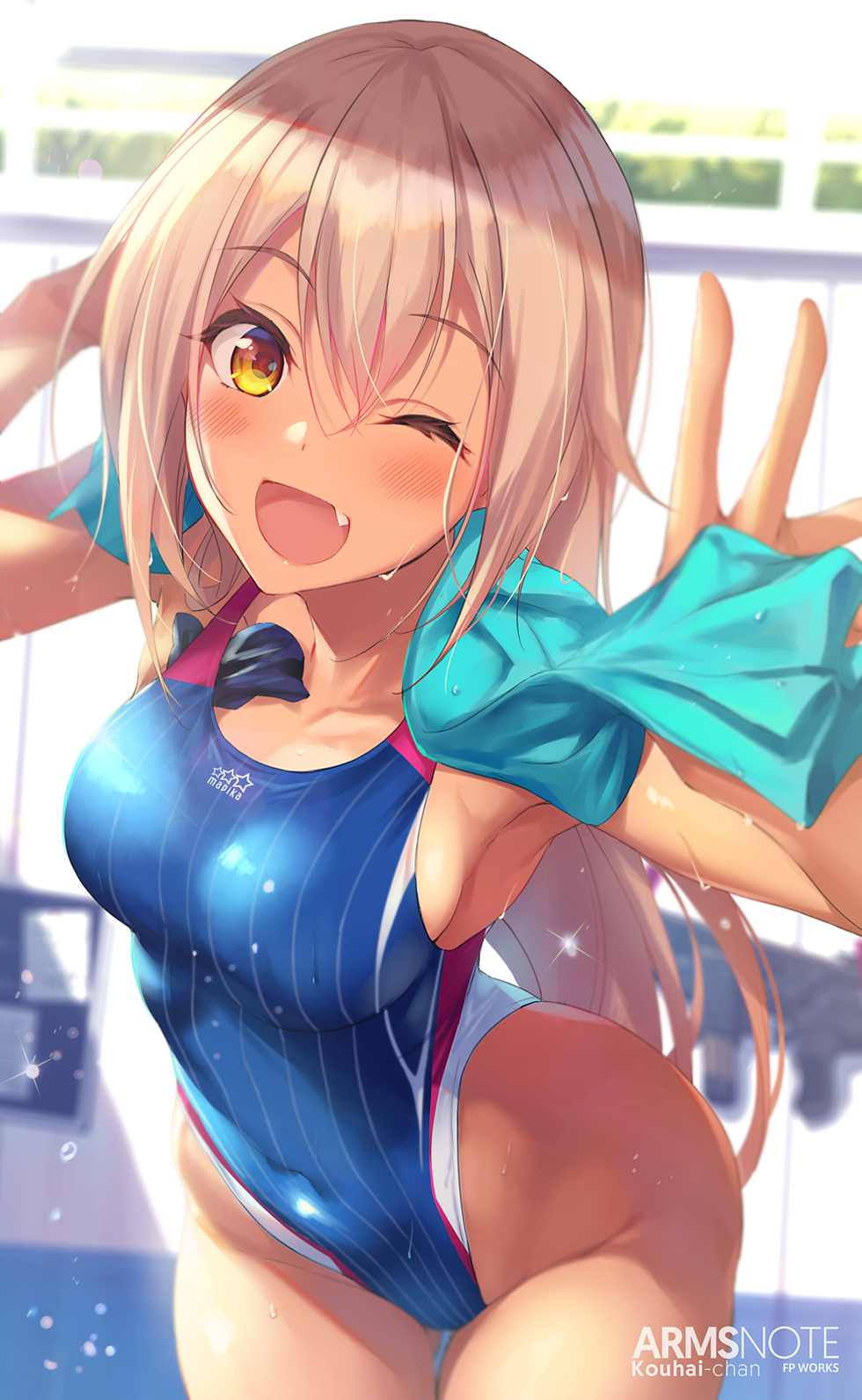 1girl arms_note bangs bare_shoulders blonde_hair blue_swimsuit blush breasts collarbone competition_swimsuit covered_navel dark_skin fang fukai_ryousuke hair_between_eyes highleg highleg_swimsuit highres kouhai_(fukai_ryousuke) long_hair looking_at_viewer medium_breasts object_in_swimsuit one-piece_swimsuit one_eye_closed open_mouth smile solo swim_cap_removed swimsuit tan thighs towel towel_around_neck v wet yellow_eyes