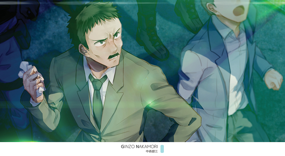 2boys brown_eyes brown_hair brown_jacket character_name collared_shirt facial_hair from_above green_neckwear hand_on_hip holding jacket long_sleeves magic_kaito male_focus monicanc multiple_boys mustache nakamori_ginzo necktie shirt solo_focus upper_body white_shirt wing_collar