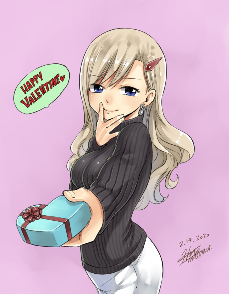1girl 2020 bangs black_sweater blonde_hair blue_eyes box closed_mouth cowboy_shot dated earrings eden's_zero eyebrows_visible_through_hair from_side hair_between_eyes hair_ornament hairclip happy_valentine heart-shaped_box holding holding_box jewelry long_hair long_sleeves mashima_hiro official_art outstretched_arm pencil_skirt pink_background rebecca_(eden's_zero) red_ribbon ribbed_sweater ribbon shiny shiny_hair signature simple_background skirt smile solo speech_bubble standing sweater turtleneck turtleneck_sweater white_skirt