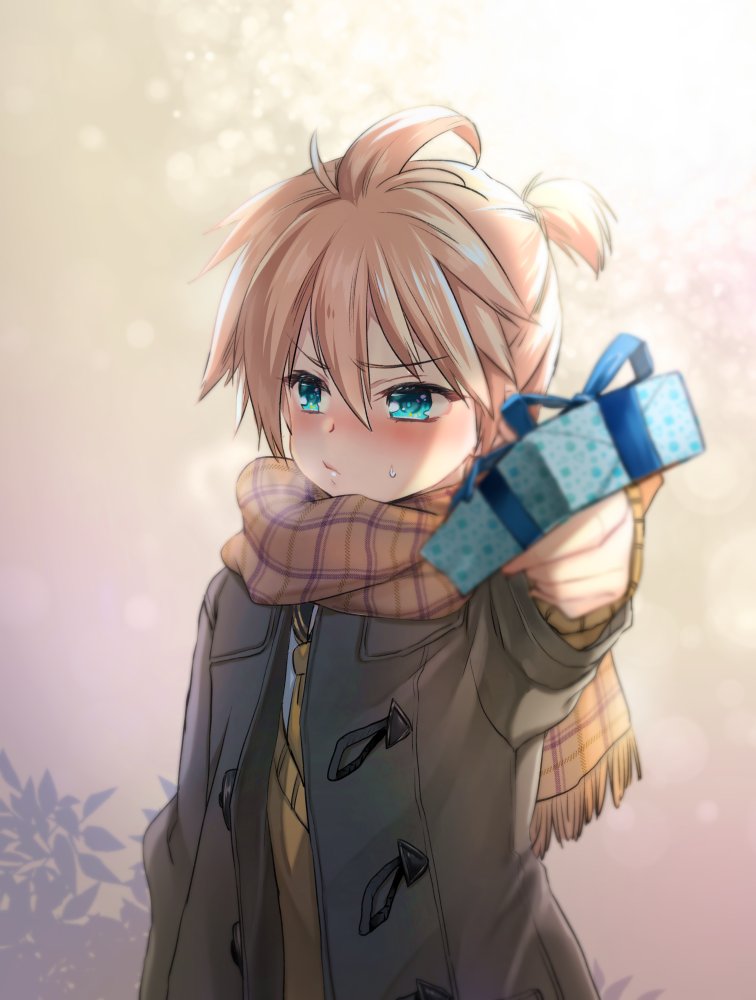1boy blonde_hair blue_eyes blurry_foreground blush brown_jacket commentary gift giving jacket kagamine_len leaf male_focus necktie plaid plaid_scarf pouty_lips pov scarf short_ponytail sidelighting spiky_hair sweatdrop tamara tsundere v-shaped_eyebrows visible_air vocaloid yellow_neckwear