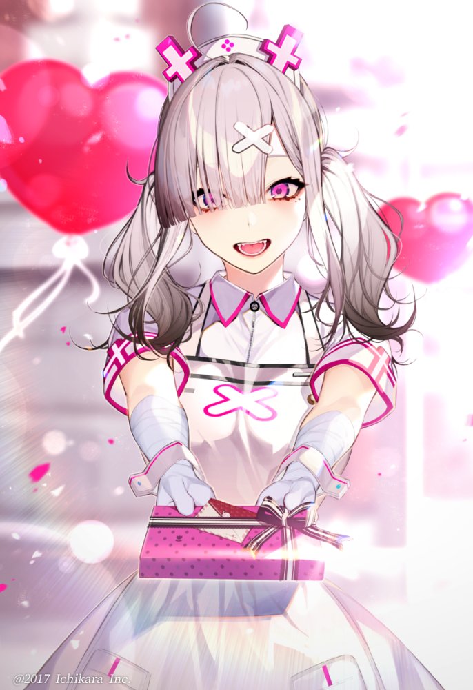 1girl ahoge apron balloon bandaged_arm bandages blush eyes_visible_through_hair gift gloves hair_ornament hair_over_one_eye hat heart_balloon incoming_gift indoors kayahara looking_at_viewer mole mole_under_eye nijisanji nurse nurse_cap official_art open_mouth sharp_teeth short_sleeves silver_hair solo sukoya_kana teeth twintails upper_body valentine violet_eyes virtual_youtuber white_apron white_gloves white_headwear wrist_cuffs x_hair_ornament