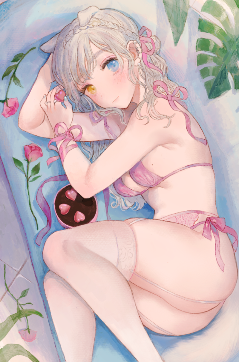 1girl animal_ears arms_up bangs bare_shoulders blue_eyes blush bra braid breasts closed_mouth couch earrings flower garter_straps grey_hair hair_ribbon heterochromia highres holding_head jewelry lingerie looking_at_viewer lying medium_breasts miyako_(xxxbibit) mole mole_on_breast on_couch on_side original panties pink_bra pink_flower pink_panties pink_ribbon pink_rose ribbon rose side-tie_panties skindentation smile solo thigh-highs underwear white_legwear yellow_eyes