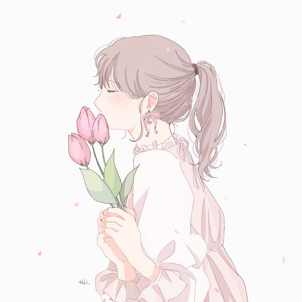 1girl bangs blush brown_hair closed_eyes covering_mouth earrings flower holding jewelry long_sleeves misoshiru_15 original pink_flower pink_nails ponytail signature solo upper_body