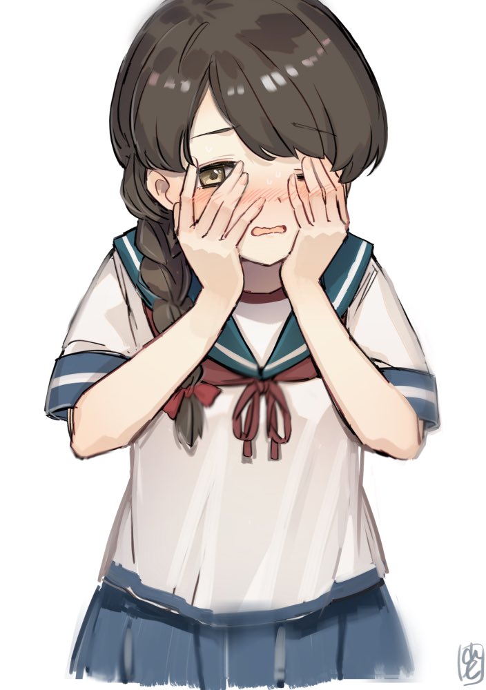 1girl blue_skirt blush braid brown_eyes brown_hair hair_over_shoulder hair_ribbon kantai_collection long_hair looking_at_viewer neckerchief one_eye_closed open_mouth peeking_through_fingers pleated_skirt red_ribbon ribbon sailor_collar school_uniform serafuku short_sleeves single_braid skirt solo uranami_(kantai_collection) yamashiki_(orca_buteo)