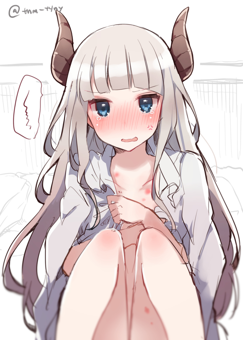 1girl anger_vein bangs blue_eyes blunt_bangs covering covering_breasts demon_horns eleanor_(ikeuchi_tanuma) embarrassed feet_out_of_frame grey_hair grey_shirt horns ikeuchi_tanuma knees_up long_hair looking_at_viewer naked_shirt open_clothes open_shirt original shirt sitting solo spoken_squiggle squiggle tears unfinished_background